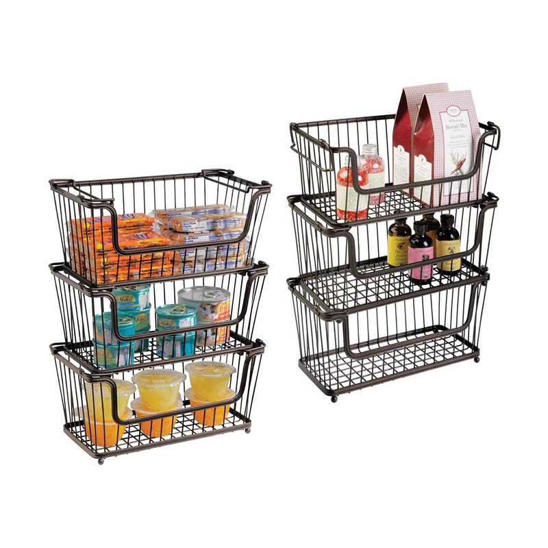 Metal Wire Household Stackable Storage Organizer Bin Basket with Handles, for Kitchen Cabinets, Pantry, Closets, Bathrooms  set of 2 ,Small