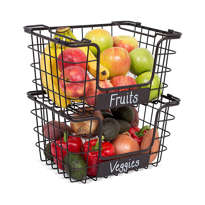 stackable metal storage organizer bin basket with handle, open front for fruit / vegetable storage kitchen cabinet organizer , set of 2